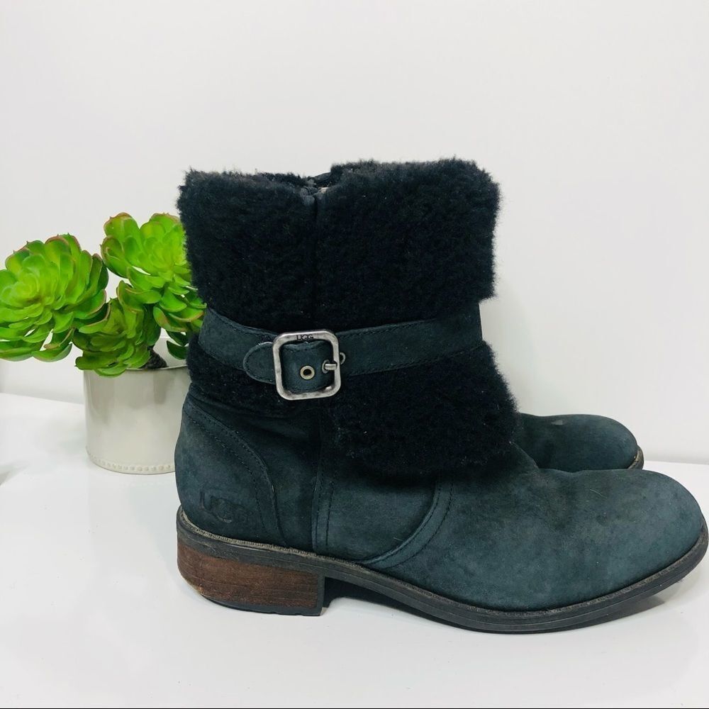 UGG Black Leather Sheepskin Heeled Boots Buckle